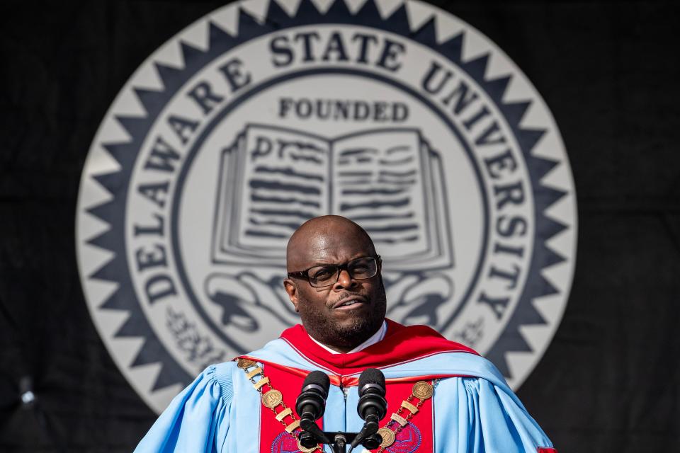 Delaware State University President Tony Allen speaks during the  DSU 2023 commencement ceremony at Alumni Stadium in Dover, Friday, May 12, 2023.