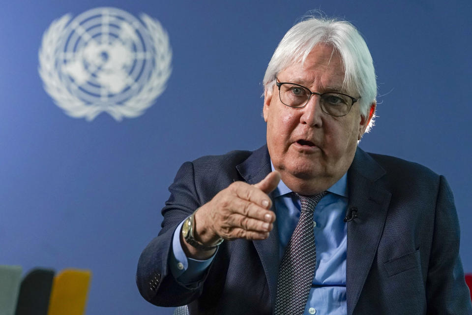 Martin Griffiths, the United Nations humanitarian chief, speaks during an interview with The Associated Press on Tuesday, Sept. 28, 2021, at U.N. headquarters. The crisis in Ethiopia is a “stain on our conscience,” Griffiths says, as children and others starve to death in the country's Tigray region under what the U.N. has called a de facto government blockade of food, medical supplies and fuel. (AP Photo/Mary Altaffer)