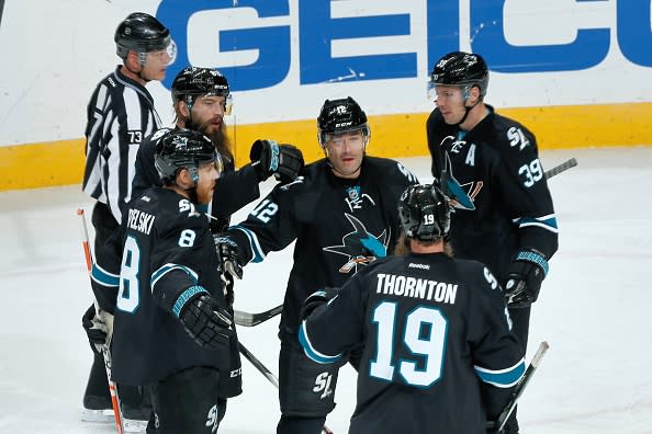 SAN JOSE, CA - DECEMBER 2: Brent Burns #88 of the San Jose Sharks celebrates his first period goal with teammates during a NHL game against the Montreal Canadiens at SAP Center at San Jose on December 2, 2016 in San Jose, California. (Photo by Don Smith/NHLI via Getty Images)