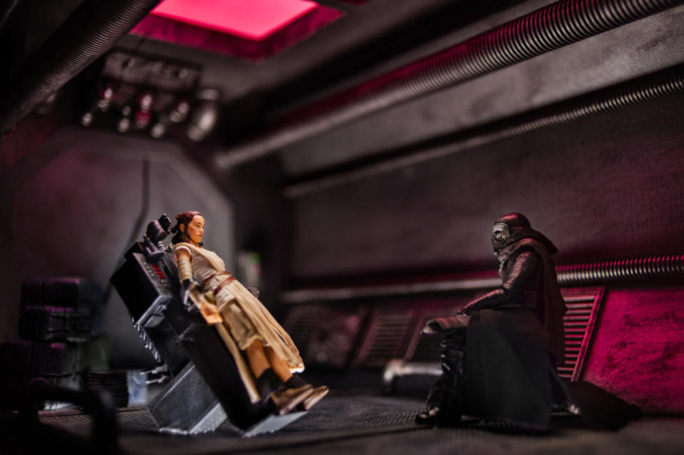<p>“I love how both Rey and Poe find themselves in the interrogation chair, yet both scenes play out completely different. I found it interesting that we first see Kylo kneeling before Rey as the scene begins. This scene really embraces the ‘Force awakening’ in Rey.”—Brian Winshell (<a href="https://www.instagram.com/p/BEm6DRIkYIb/" rel="nofollow noopener" target="_blank" data-ylk="slk:@bwinshell;elm:context_link;itc:0;sec:content-canvas" class="link ">@bwinshell</a>)<br></p>