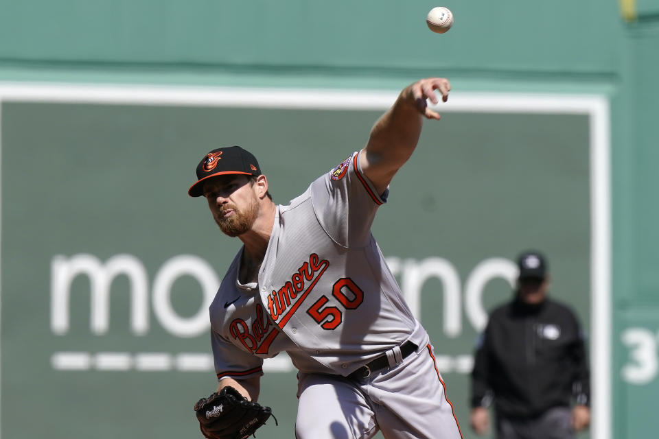 Baltimore Orioles' Bruce Zimmermann delivers a pitch against the Boston Red Sox during the first inning of a baseball game, Sunday, April 4, 2021, in Boston. (AP Photo/Steven Senne)