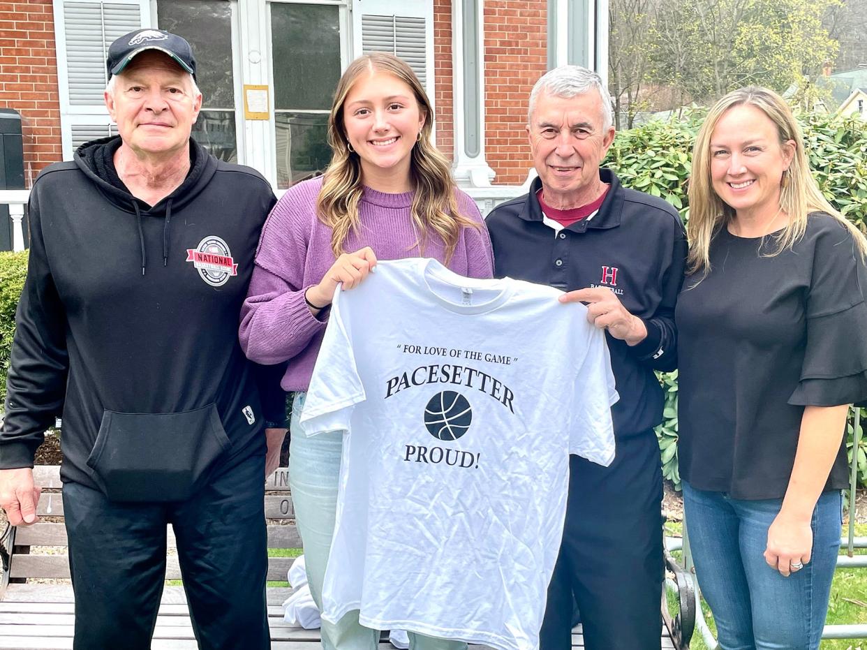 Honesdale senior hoops star Elyse Montgomery is the 2023-24 recipient of the Pacesetter "For the Love of the Game" award. Pictured are (from left): Ron Ulias, Elyse Montgomery, Ron Rowe, Emily Montgomery.