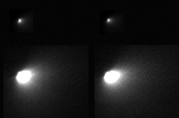 These four images taken by NASA's Mars Reconnaissance Orbiter show Comet Siding Spring as it made its closest approach with Mars on Oct. 19, 2014.