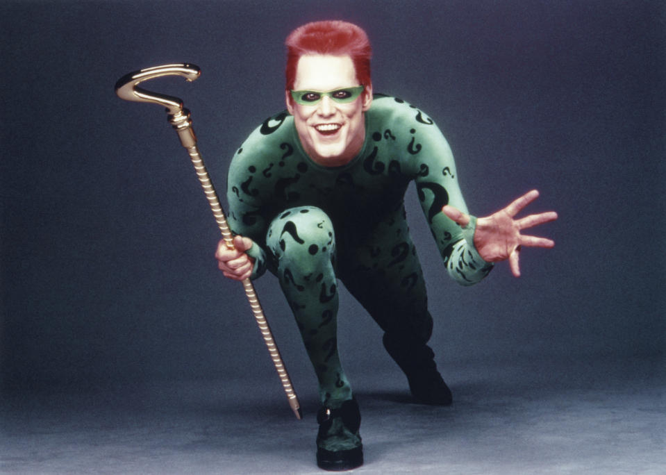 Canadian actor Jim Carrey on the set of Batman Forever, directed by Joel Schumacher. (Photo by Warner Bros. Pictures/Sunset Boulevard/Corbis via Getty Images)