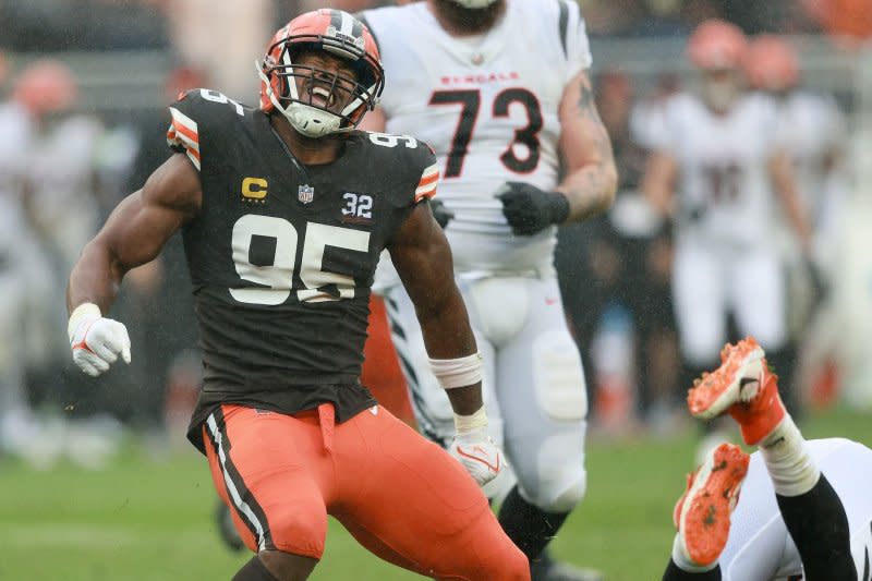 Cleveland Browns defensive end Myles Garrett (L) was seen wearing a walking boot after a loss to the Baltimore Ravens on Sunday in Cleveland. File Photo by Aaron Josefczyk/UPI