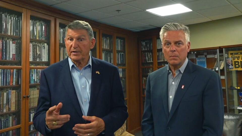 PHOTO: Sen. Joe Manchin and Jon Huntsman Jr. speak with ABC News about the No Labels group in Manchester, N.H, July 17, 2023. (ABC News)