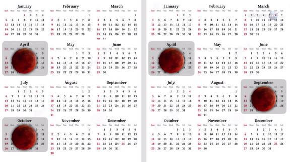 This NASA graphic shows the months with total lunar eclipses between April 2014 and September 2015. This tetrad of total lunar eclipses features eclipses on April 15, Oct. 8, April 4, 2015 and Sept. 28, 2015.