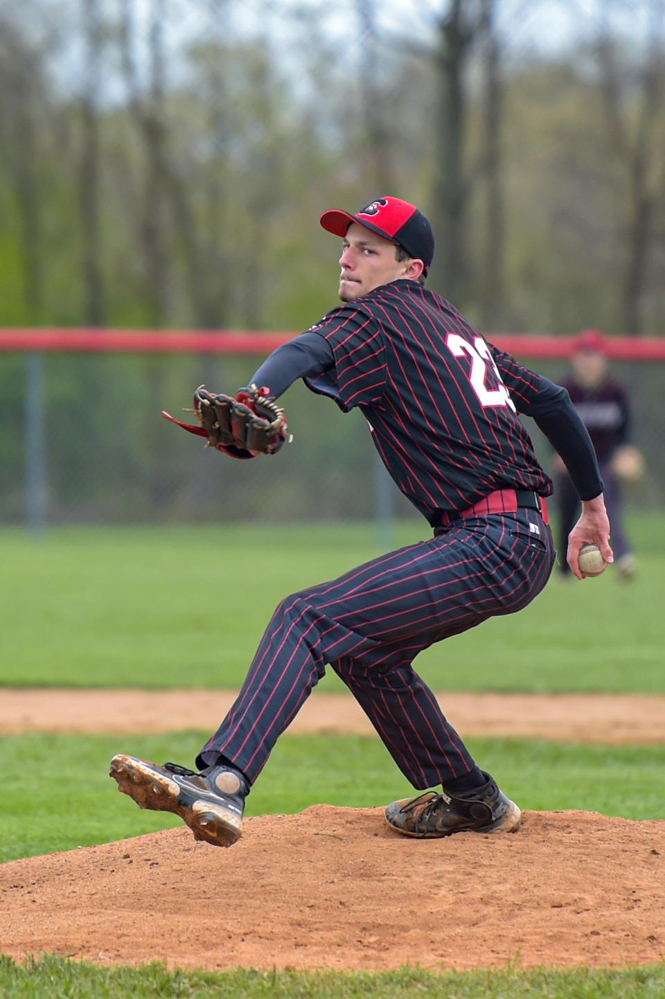 Crestview's Jarek Ringler delivers a pitch during a win over Mapleton earlier this season.