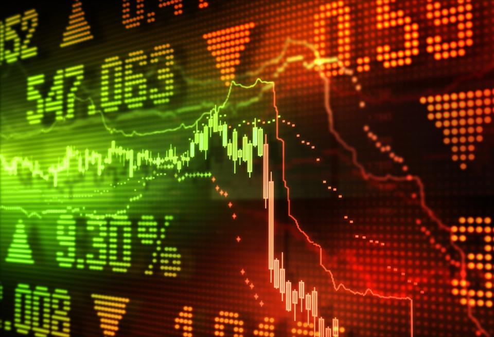 A stable stock chart that has dived deep into the red, with associated stock prices, downward arrows and percentages.