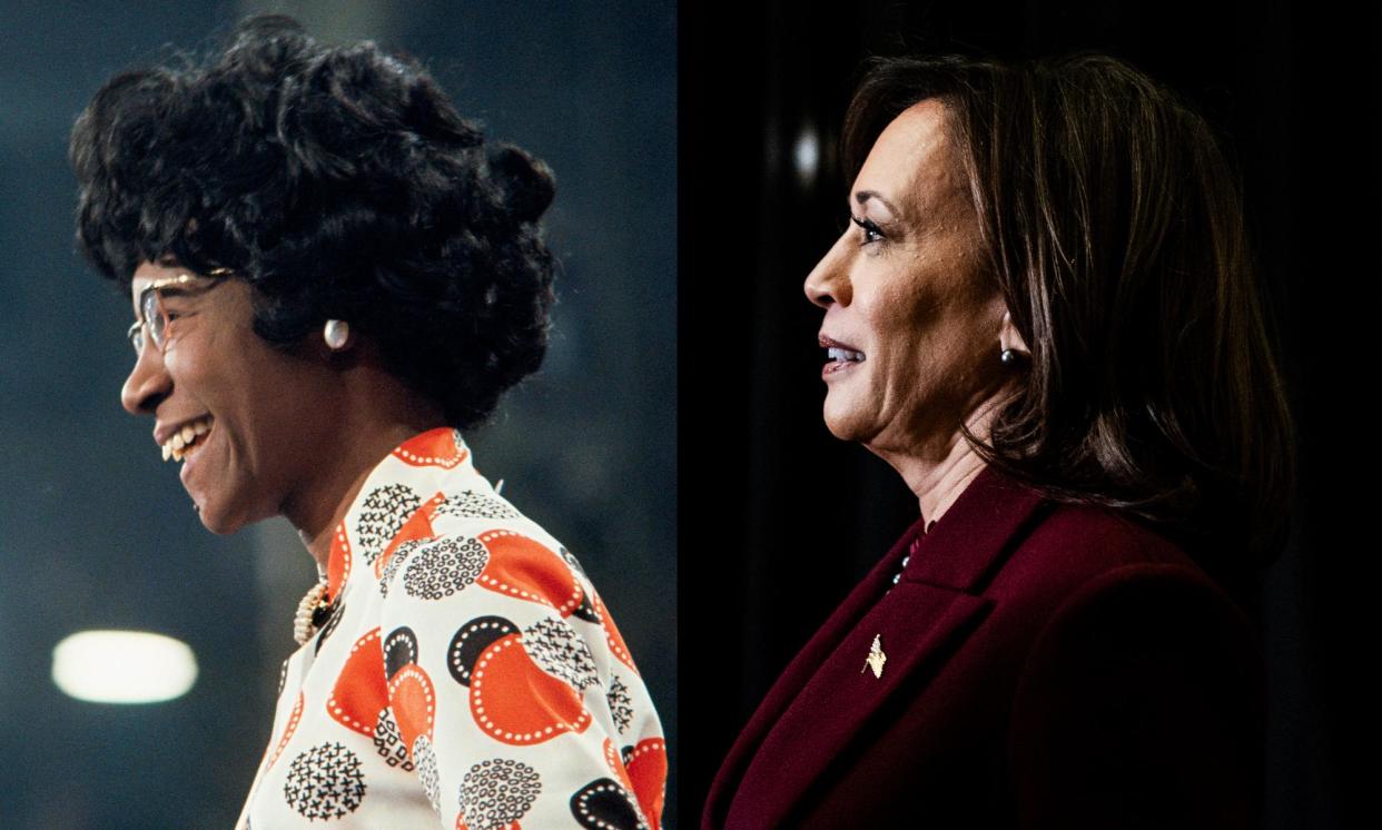 <span>There is no playbook for how a woman can ‘look presidential’, but Harris can reach to the past – and to the only other Black female Democratic presidential candidate, Shirley Chisholm – for inspiration.</span><span>Composite: Corbis, CQ-Roll Call, Getty Images</span>