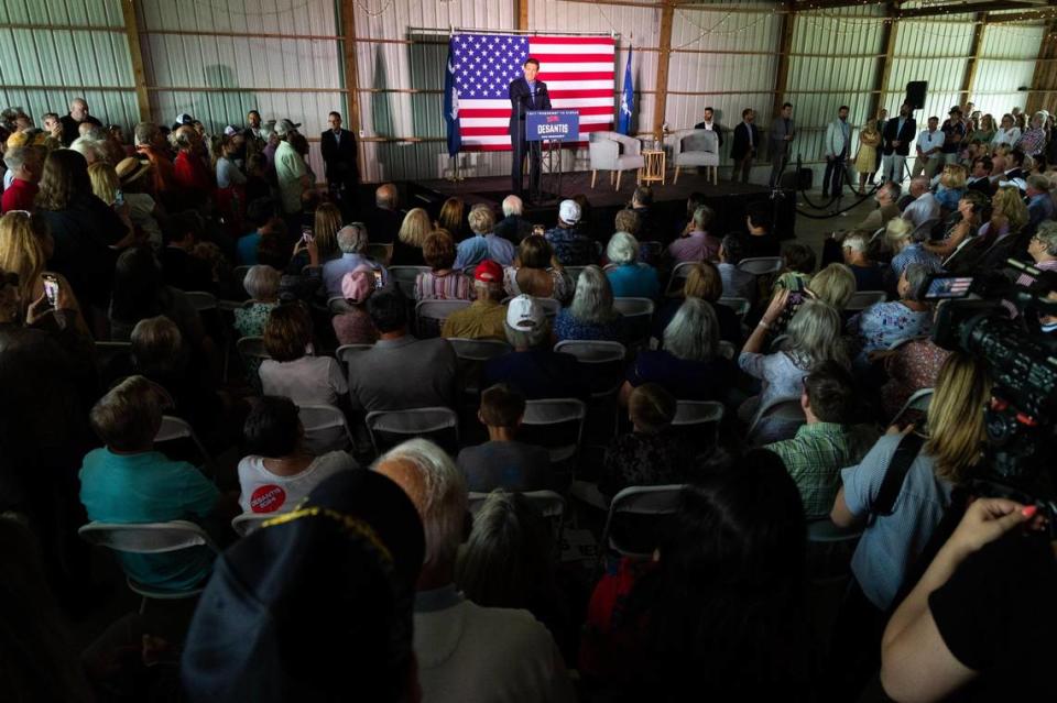 Florida Governor Ron DeSantis, who is running for the Republican Party’s nomination for president, holds a rally in Gilbert, South Carolina on Friday, June 2, 2023.