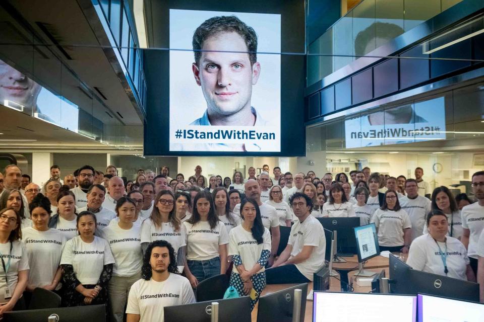 Evan Gershkovich's colleagues at The Wall Street Journal in New York mark on April 12, 2023, the second week of his detention in Russia.