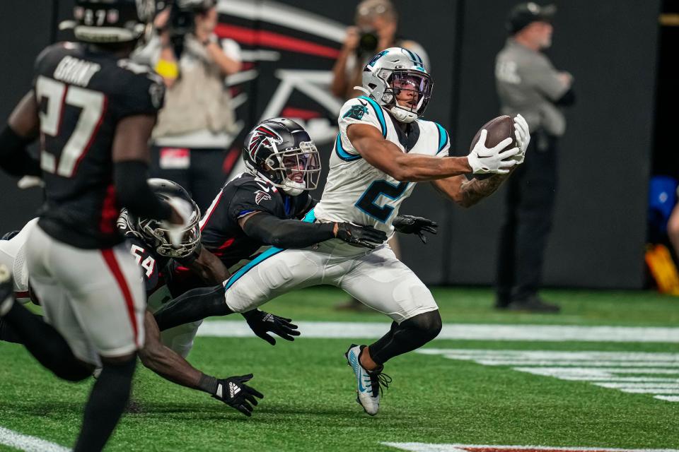 Panthers wide receiver DJ Moore hauls in the game-tying, 62-yard touchdown in the final seconds in a Week 8 matchup against the Falcons. He finished the game with six receptions for 152 yards.