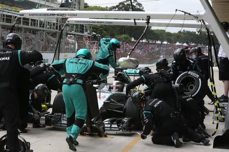 Formula One - F1 - Brazilian Grand Prix 2015 - Autodromo Jose Carlos Pace, Sao Paulo, Brazil - 15/11/15 Lewis Hamilton of Mercedes in the pits during the race Mandatory Credit: Action Images / Hoch Zwei Livepic