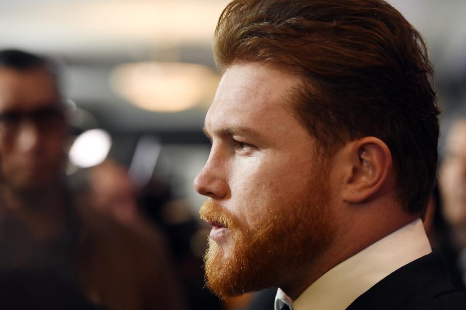 Canelo Alvarez poses during a news conference on Feb. 27, 2018 in Los Angeles to announce the upcoming rematch against Gennady Golovkin. (Getty)