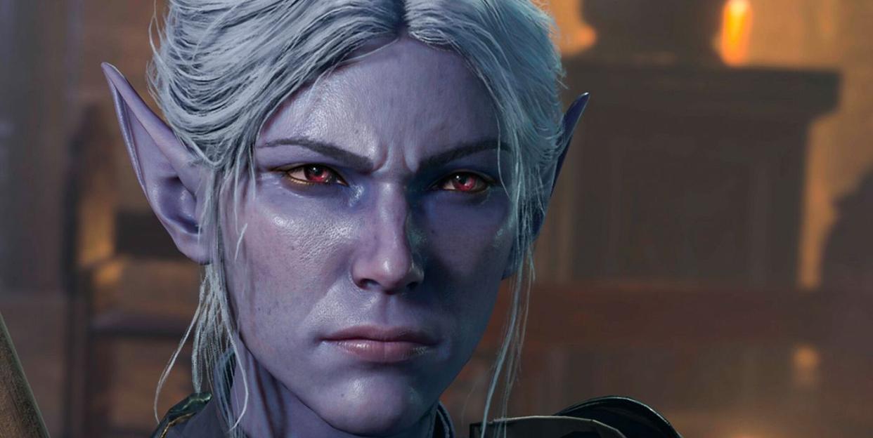 baldur's gate iii, purple skinned white haired female elf character scowls