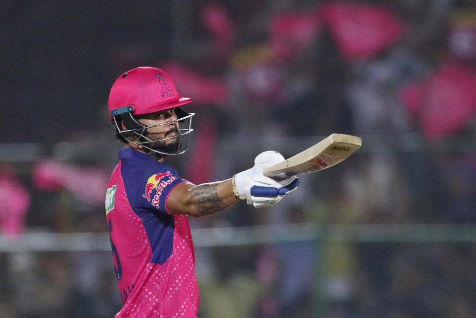 Rajasthan Royals' Riyan Parag celebrates his fifty runs during the Indian Premier League cricket match between Delhi Capitals and Rajasthan Royals in Jaipur, India, Thursday, March 28, 2024. (AP Photo/Pankaj Nangia)