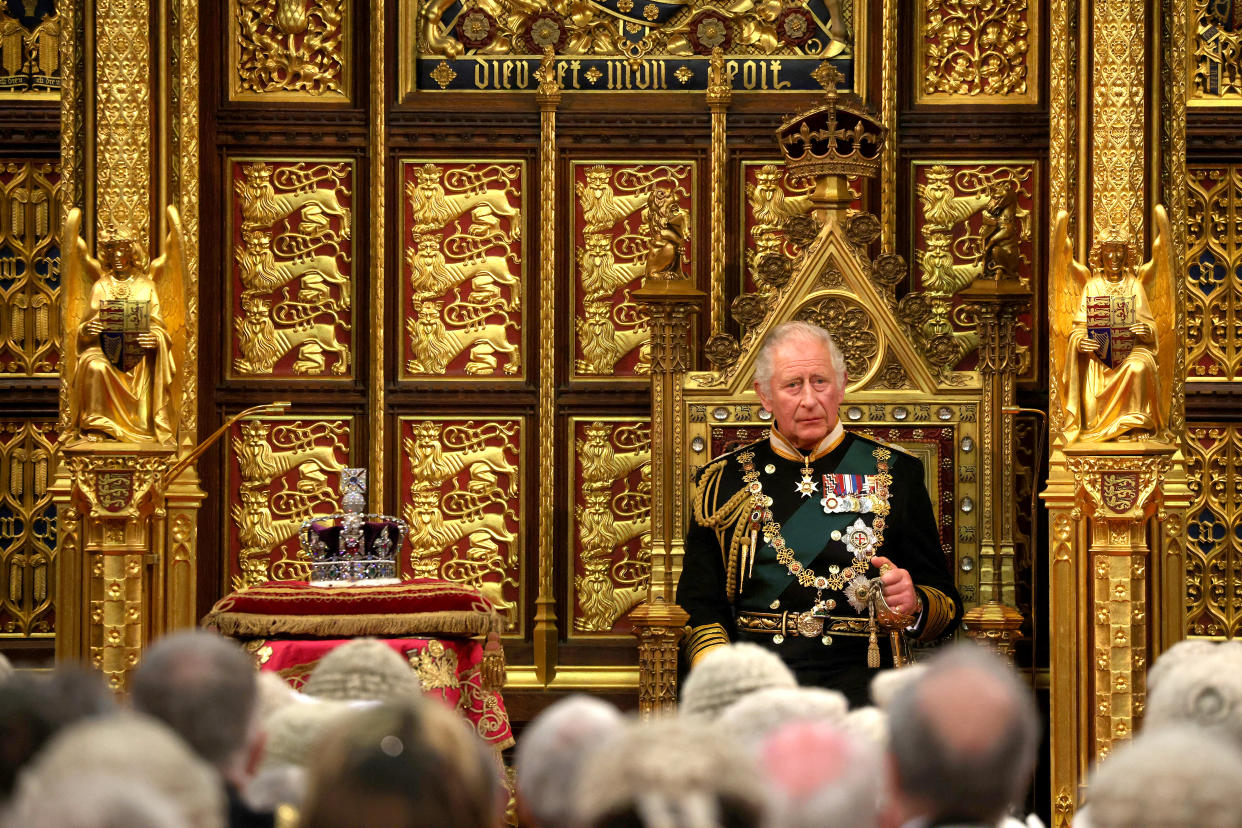 LONDON, ENGLAND - MAY 10: Prince Charles, Prince of Wales delivers the Queen’s Speech during the state opening of Parliament at the House of Lords on May 10, 2022 in London, England. The State Opening of Parliament formally marks the beginning of the new session of Parliament. It includes Queen's Speech, prepared for her to read from the throne, by her government outlining its plans for new laws being brought forward in the coming parliamentary year. This year the speech will be read by the Prince of Wales as HM The Queen will miss the event due to ongoing mobility issues. (Photo by Dan Kitwood/Getty Images)