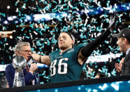 <p>Philadelphia Eagles’ Zach Ertz celebrates next to the Vince Lombardi Trophy after winning Super Bowl LII REUTERS/Kevin Lamarque </p>