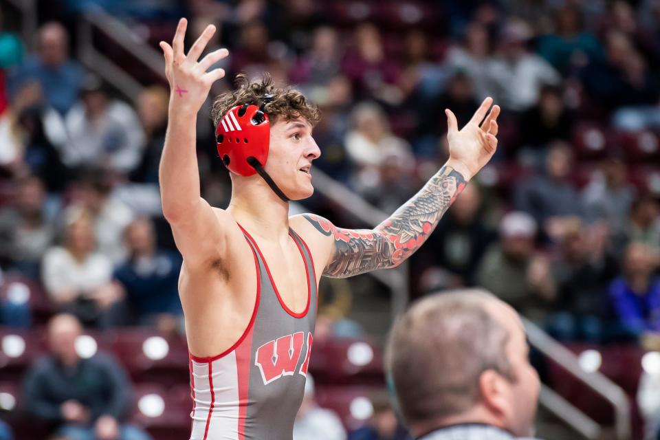 West Allegheny's Ty Watters reacts after pinning Northhampton's Dagen Condomitti at 2:00 during the 152-pound seminfinals at the PIAA Class 3A Wrestling Championships at the Giant Center on March 11, 2023, in Hershey.