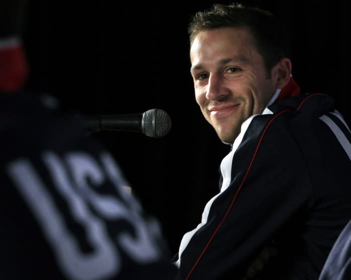 FILE - In a June 21, 2010 file photo, U.S. national soccer defender Steve Cherundolo smiles during a news conference in Irene, South Africa. Cherundolo said Wednesday, March 19, 2014 that he is retiring because of persistent knee injuries. (AP Photo/Elise Amendola, File)