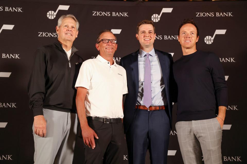 Utah Jazz CEO Danny Ainge, left, Jazz general manager Justin Zanik, new Jazz head coach Will Hardy and Jazz owner Ryan Smith pose for a photo at a press conference to introduce the Hardy at Vivint Arena in Salt Lake City on Tuesday, July 5, 2022. | Kristin Murphy, Deseret News