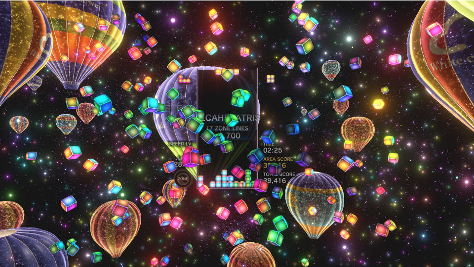 Tetris Effect screenshot with colourful hot-air balloons over the game board