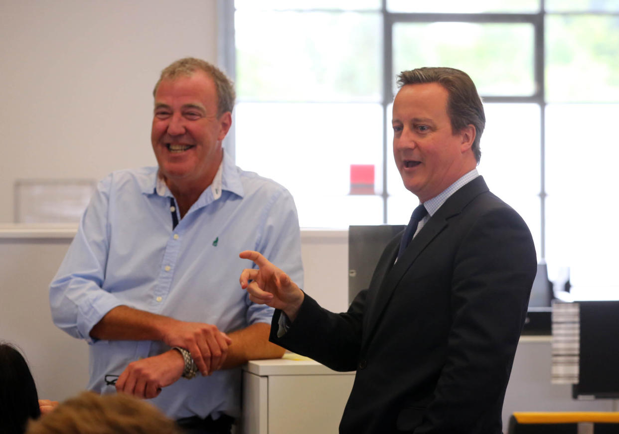 Prime Minister David Cameron meets Jeremy Clarkson during an EU-related visit to W. Chump & Sons Ltd TV studio in west London.