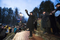 <p>Punxsutawney Phil is held up by his handler for the crowd to see during the ceremonies for Groundhog day on Feb. 2, 2018 in Punxsutawney, Pa. (Photo: Brett Carlsen/Getty Images) </p>