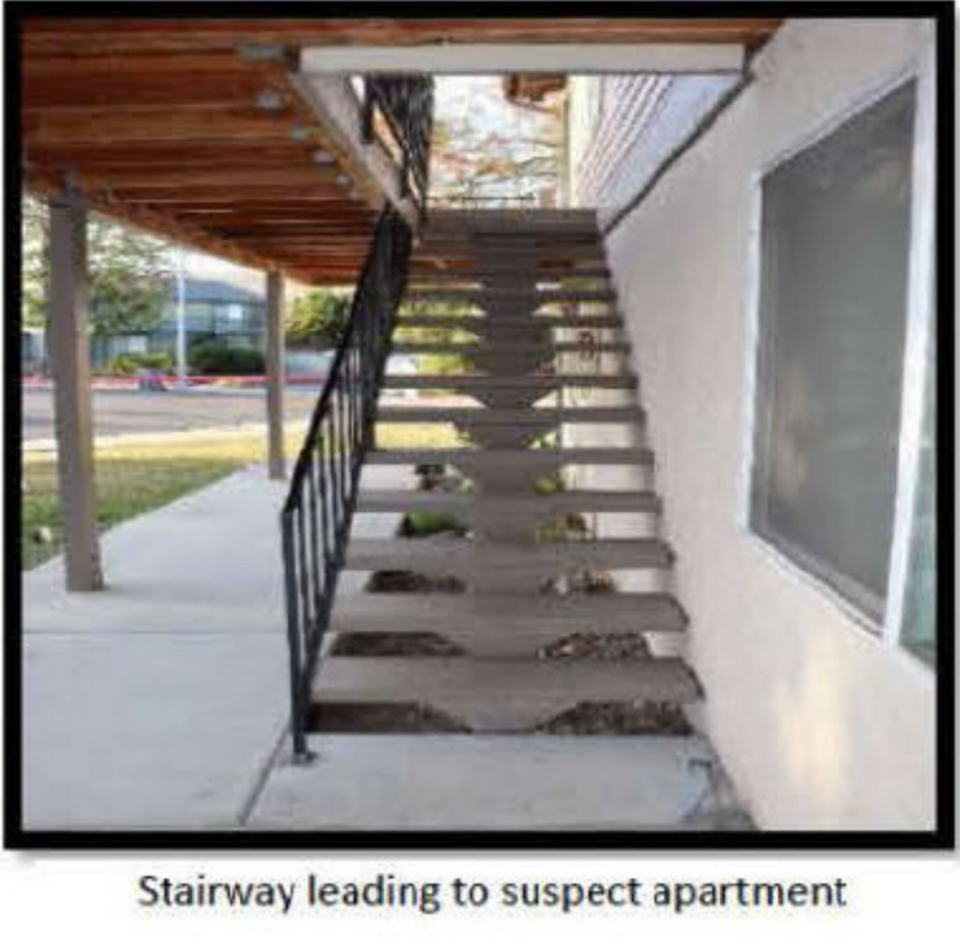 A staircase leads up to Edward Giron’s apartment on Camellia Court in San Luis Obispo. Giron killed Det. Luca Benedetti and injured Det. Steve Orozco in a shootout on May 10, 2021.