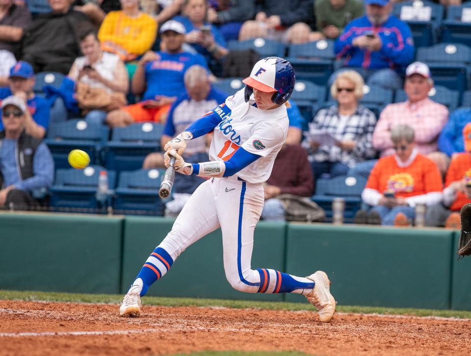 Florida shortstop Skylar Wallace (17) hits during an NCAA softball game against Georgia Southern at Katie Seashole Pressly Stadium in Gainesville, FL on Friday, February 16, 2024. [Alan Youngblood/Gainesville Sun]