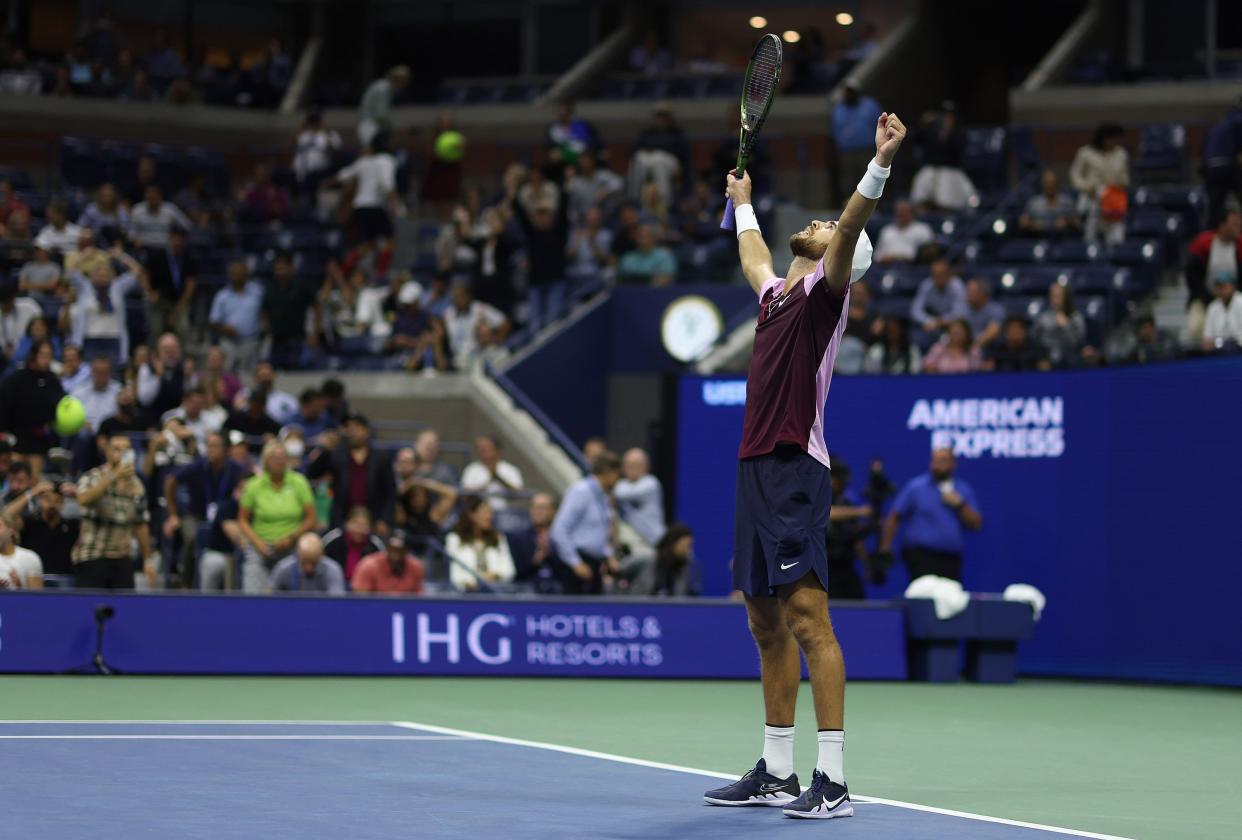 Karen Khachanov celebrates after defeating Nick Kyrgios of Australia in their Men’s Singles Quarterfinal match on Day Nine of the 2022 U.S. Open at USTA Billie Jean King National Tennis Center on Sept. 6, 2022, in Flushing, Queens.