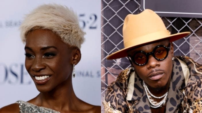 “Pose” actress Angelica Ross (left) recently shared a past encounter she had with embattled rapper DaBaby (right), who’s under fire for homophobic comments he made. (Photo by Jamie McCarthy/Getty Images)