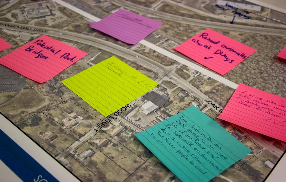 Swansea residents left comments on sticky notes, with ideas for the future of Swansea Mall Drive, during a public meeting held Tuesday, June 6, at the Swansea Council on Aging.