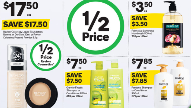 Revlon foundation, shampoos and handwash on sale for half-price at Woolworths.