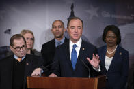 House Democratic impeachment managers, from left, House Judiciary Committee Chairman Jerrold Nadler, D-N.Y., Rep. Sylvia Garcia, D-Texas, Rep. Hakeem Jeffries, D-N.Y., House Intelligence Committee Chairman Adam Schiff, D-Calif., and Rep. Val Demings, D-Fla., speak at the Capitol in Washington, to discuss the impeachment trial of President Donald Trump on charges of abuse of power and obstruction of Congress, Saturday, Jan. 25, 2020. (AP Photo/J. Scott Applewhite)