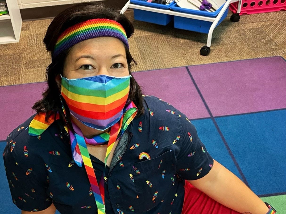 Wisconsin teacher Melissa Tempel wearing a rainbow face mask.