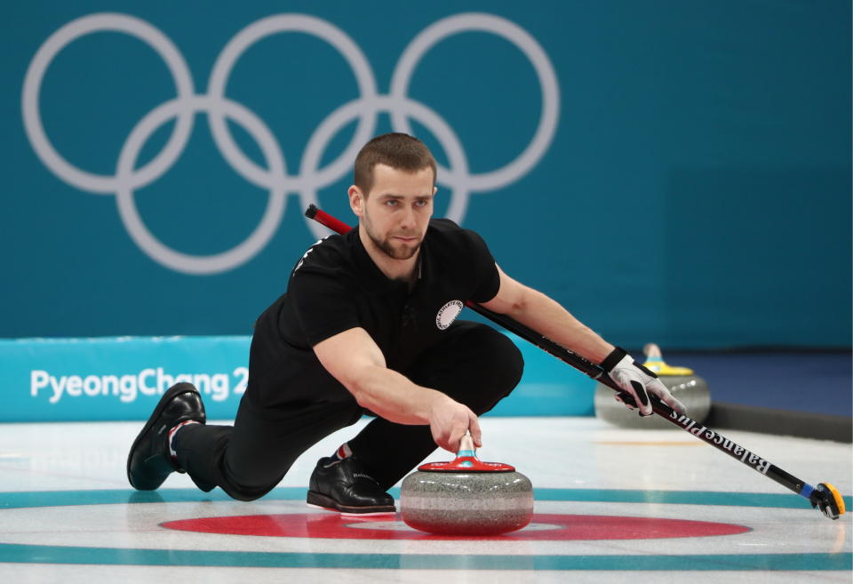 Alexander Krushelnitsky during the mixed doubles curling competition at the 2018 Winter Olympics. He has been formally charged with doping. (Getty)