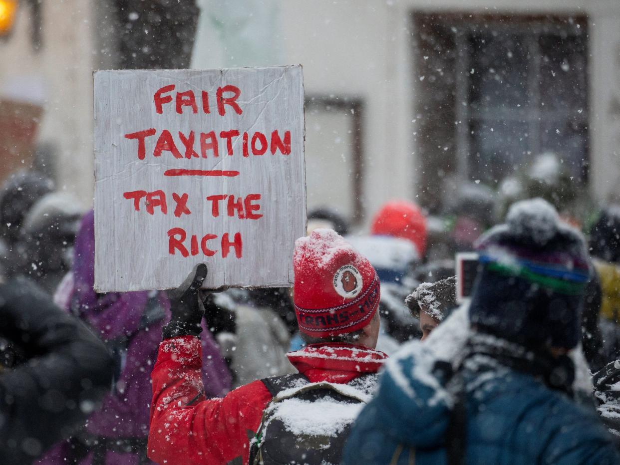 A protest ahead of the World Economic Forum 2023 in Davos, Switzerland on January 15, 2023.