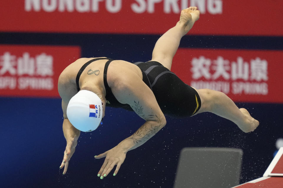 Melanie Henique of France competes during the women's 50m butterfly semifinal at the World Swimming Championships in Fukuoka, Japan, Friday, July 28, 2023. (AP Photo/Lee Jin-man)