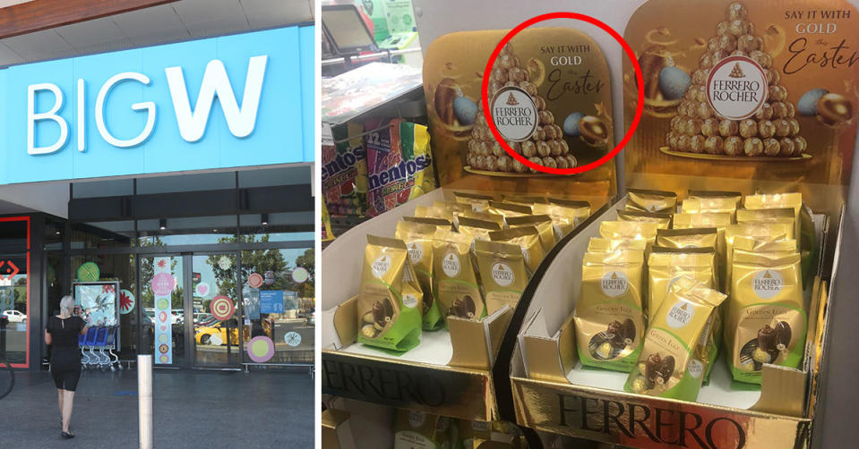 L: Big W shop. R: Ferrero Rocher Easter eggs on display in Big W