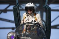 CAPTION CORRECTS PLANE TYPE - Russian air force pilot Ivan, no second name given, prepares to take off on a Russian Su-35 fighter jet at Hemeimeem air base in Syria, Thursday, Sept. 26, 2019. (AP Photo/Alexander Zemlianichenko)