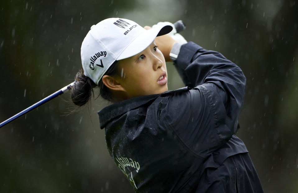 Ruoning Yin, of China, tees off on the 17th hole during the first round of the LPGA Portland Classic golf tournament in Portland, Ore., Thursday, Aug. 31, 2023. (AP Photo/Craig Mitchelldyer)