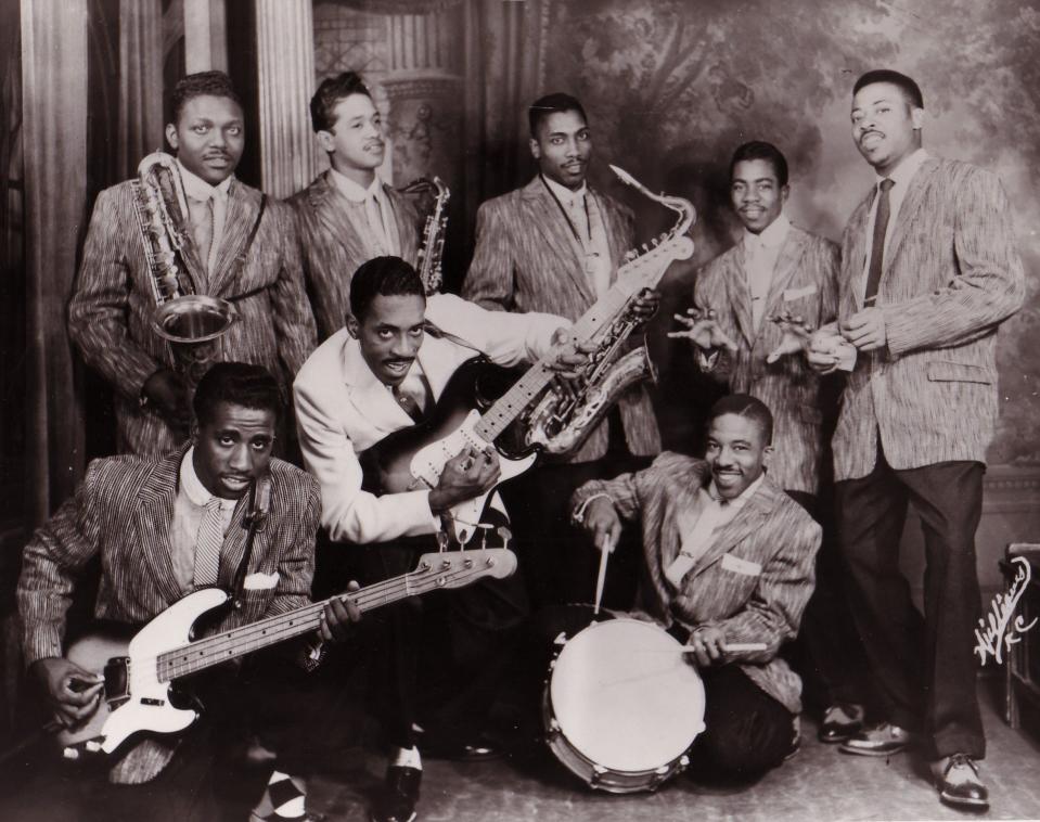 Kings Of Rhythm, back row l to r Jackie Brenston, Raymond Hill, Eddie jones, Fred Sample, Billy Gayles. front row l to r Jesse Knight Jr., Ike Turner, Eugene Wahsington..