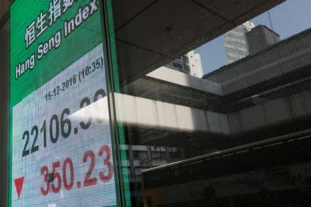 A panel displaying the benchmark Hang Seng Index during morning trading is seen in Hong Kong, China, December 15, 2016. REUTERS/Tyrone Siu