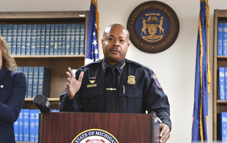 Southfield Police Chief Elvin Barren speaks after Attorney General Dana Nessel announced charges for several security guards from Northland Mall in the 2014 death of McKenzie Cochran during a news conference in Detroit on Thursday, Oct. 14, 2021. The defendants are Lucius Hamilton, John Seiberling, Gaven King, and Aaron Maree. (Max Ortiz/Detroit News via AP)