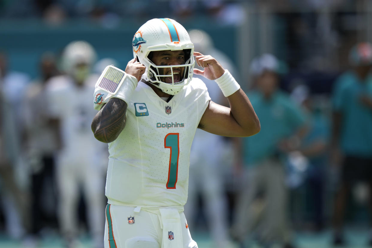 Tua Tagovailoa and the Dolphins will travel to face AFC East rival Buffalo in what could be an early contender for the NFL game of the year. (AP Photo/Wilfredo Lee)