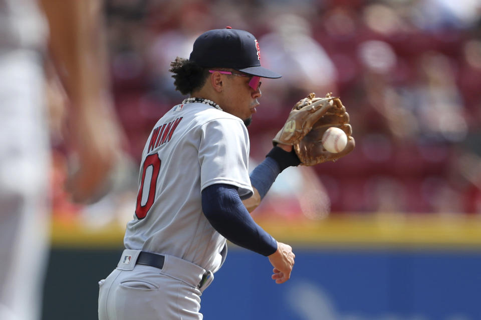 St. Louis Cardinals shortstop Masyn Winn fields a line drive during the fifth inning of a baseball game against the Cincinnati Reds, Sunday, Sept. 10, 2023, in Cincinnati. (AP Photo/Joe Maiorana)