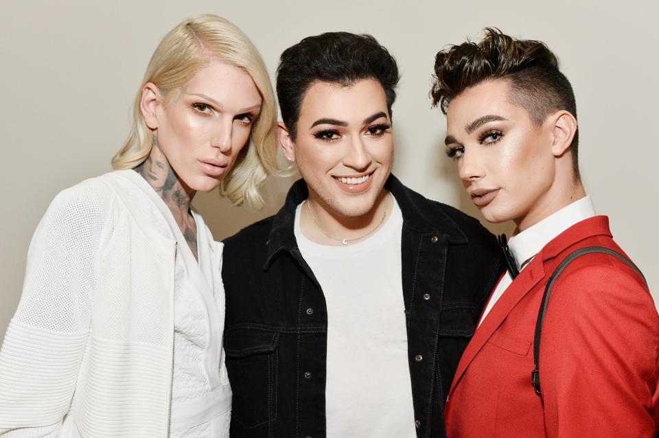 Jeffree Star, Manny Gutierrez and James Charles celebrate The Launch Of KKW Beauty on June 20, 2017 in Los Angeles, California.
