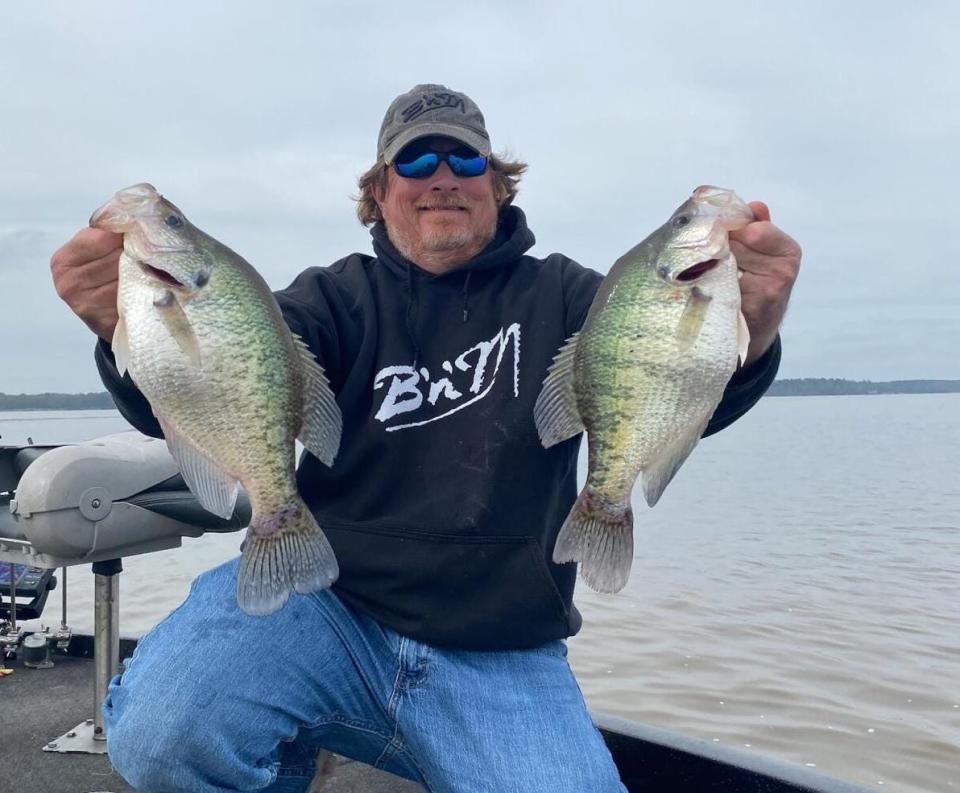 Hugh Krutz of Brandon holds up some of the quality crappie being caught at Barnett Reservoir and said the action should only get better.